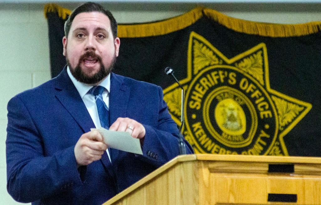 The Rev. Perry Jones speaks during Donald Williams' funeral Saturday at the Maine Criminal Justice Academy in Vassalboro. 