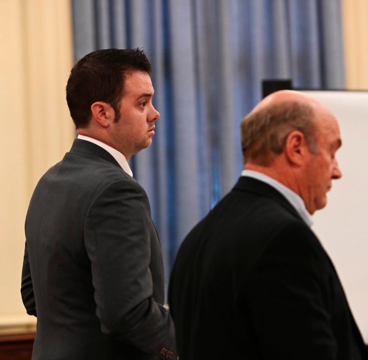 ALFRED, ME - APRIL 19:  Joshua Dall-Leighton, left, stands with his attorney Neal Weinstein during his trial Monday, April 22, 2019. Dall-Leighton is accused of sexually assaulting a female inmate in his charge at the Southern Maine Reentry Center in Alfred. (Staff photo by Shawn Patrick Ouellette/Staff Photographer)