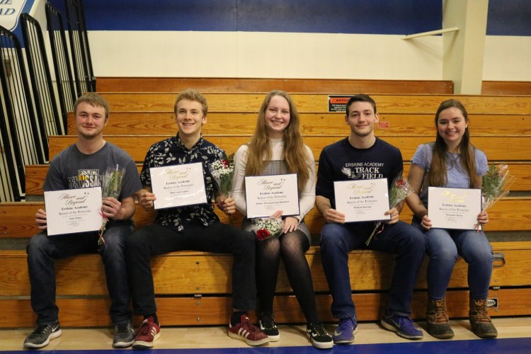 Erskine Academy Seniors of the Trimester from left are Jack Tobey, Milo Lani-Caputo, Willow Throckmorton-Hansford, Will Bourque and Morgaine Kmen