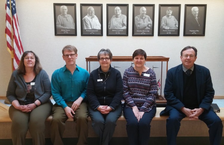 Training partners from Western Maine Community Action in Lewiston, and Augusta Adult & Community Education, met with staff of Maine Veterans’ Home in Augusta to plan an open house to recruit  candidates for an upcoming Certified Nursing Training scheduled to start in June.  From left are Cathy Stairs, WMCA; Myles Robert, WMCA; Patti Saarinen, WMCA Central/Western Maine program coordinator; Becky Thayer, MVH human resource manager; and Zane Clement, AAE director. 