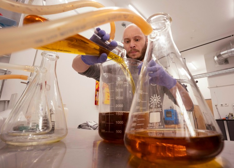 Michael Scearce pours cannabis extract that just went through a  filtering processes at Governor’s Island, a Portland business that extracts THC from cannabis for clients. The owners of the business, Janelle and Corey LaPlante, say it took a significant amount of money to set up the lab and not being able to do business with banks has made that process more difficult. U.S. Rep. Jared Golden and other members of Congress are pushing for changes to allow the SBA to work with cannabis-related businesses