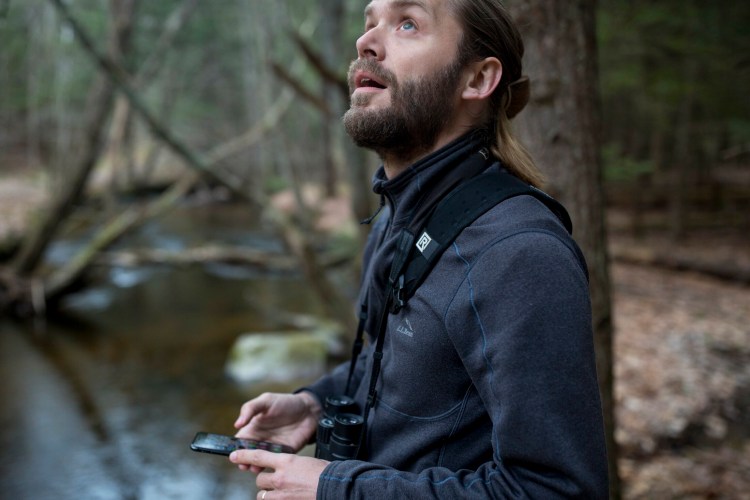 Ian Carlsen records his birding observations for the Maine Bird Atlas while on an outing at Mill Brook Preserve in May. Carlsen spotted 24 species on his morning outing. 