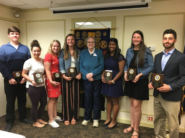 The Augusta Kiwanis Club presented its Distinguished Youth Award on May 9 to seven local high school students. The award winners and the president of Kiwanis, from left, are Ben Reed, of Erskine Academy; Renee Rossi, of Gardiner Area High School; Brooklynn Belanger, of Capital Area Technical Center; Grace Begin, of Hall-Dale High School; President Dr. Alice Savage, of the Augusta Kiwanis Club; Josephine Nutakki, of Cony High School; Jessica Clavet, of Monmouth Academy; and Jackson Ladd, Winthrop High School.