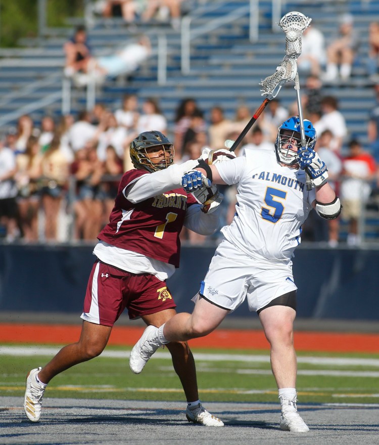 Shane Allen of Falmouth dominated the face-off game in Saturday's Class A championship game but before overtime his stick was ruled to be illegal. 