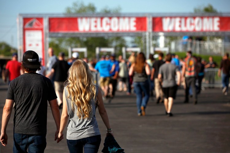 The concert crowd arrives at Maine Savings Pavilion at Rock Row last Saturday for a show by Slightly Stoopid. The owners of the Rock Row complex are analyzing noise data as they consider a permanent performance space at the site.