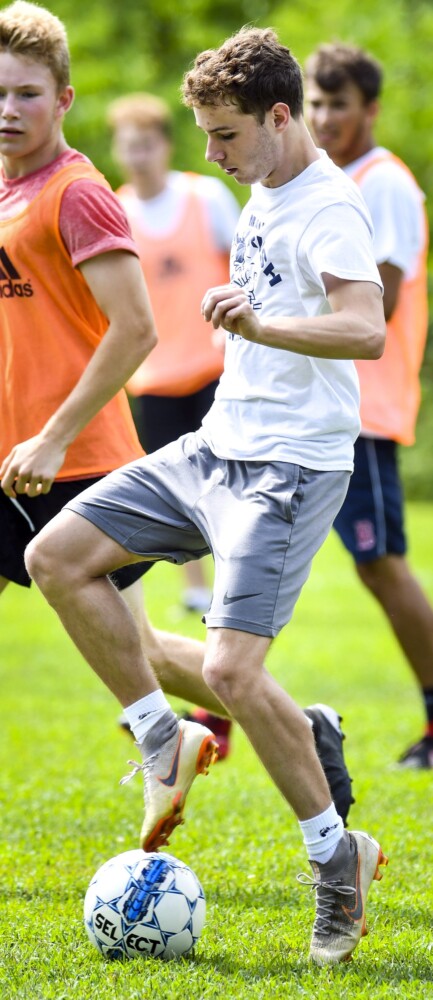 Hall-Dale boys soccer co-captain Josh Nadeau works through a drill during an Aug. 22 practice in Farmingdale. 