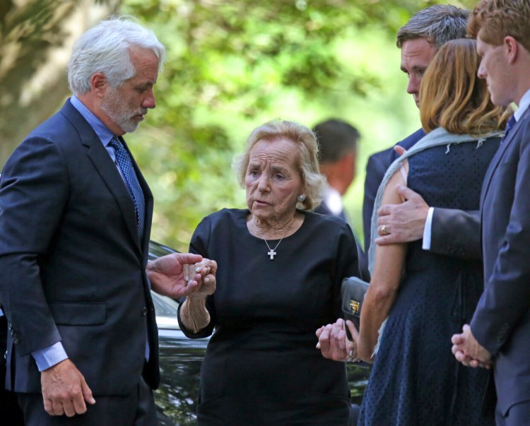 Ethel Kennedy is helped to the church during funeral services for her granddaughter Saoirse Roisin Kennedy Hill at Our Lady of Victory Church in Centerville, Mass., on Monday.