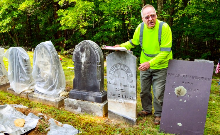 Mount Vernon Sexton Bob Grenier talks about his grave stone repair work during an interview Sept. 10 at Stevens Cemetery in Mount Vernon.