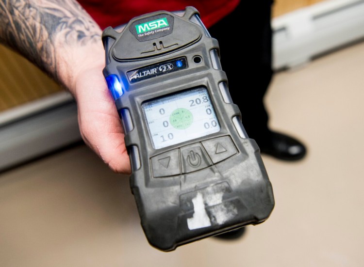 A hand-held gas meter used to detect different toxic gases in the air, including natural gas and propane, is seen Friday at the Waterville Fire Department. Officials there and at other area departments will soon have new meters for gas detection. 