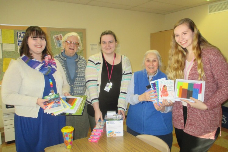 Members of Franklin County Retired Educators recently delivered much-needed school supplies to teachers at Academy Hill School in Wilton, all part of Day of Caring sponsored by the Maine Education Association Retired. From left are fourth-grade teacher Courtney Bailey, Joanne Dunlap, FCRE Day of Caring chairwoman; second-grade teacher Shannon Lee, Terry Sawyer, FCRE member; and fourth-grade teacher Haley Teacutter. 
 