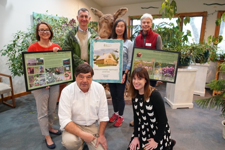 Front from left are Mark P. DesMeules, executive director of Viles Arboretum; and Katy Mendenhall, operations manager, Viles Arboretum. Back from left are Kendra Wheeler, Viles Board Member; Doug Herling, president & CEO of Central Maine Power;   Sammie Quong, president of the Viles Arboretum Board; and Hillary Schultz, Viles Board Member.