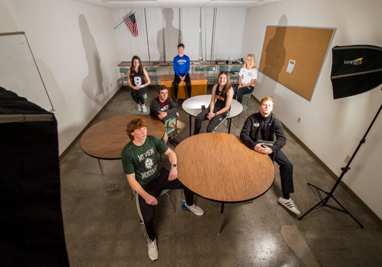 The Central Maine fall sports athletes of the year got together on Thursday at Winslow High School. They are: Back row, from left, Bhreagh Kennedy (Skowhegan, field hockey), Josiah Webber (Lawrence, boys cross country), Audrey Fletcher (Monmouth, girls soccer). Middle: Ryan Friend (MCI, football) and Olivia Tiner (Winslow, girls cross country). Front: Elijah Allen (Mount View, boys soccer) and Mitchell Tarrio (Kents Hill, golf). 