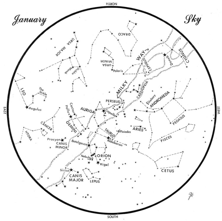 SKY GUIDE: This chart represents the sky as it appears over Maine during January 2020.  The stars are shown as they appear at 9:30 p.m. early in the month, at 8:30 p.m. at midmonth and at 7:30 p.m. at month’s end.  No planets are visible at chart times.  To use the map, hold it vertically and turn it so that the direction you are facing is at the bottom.  