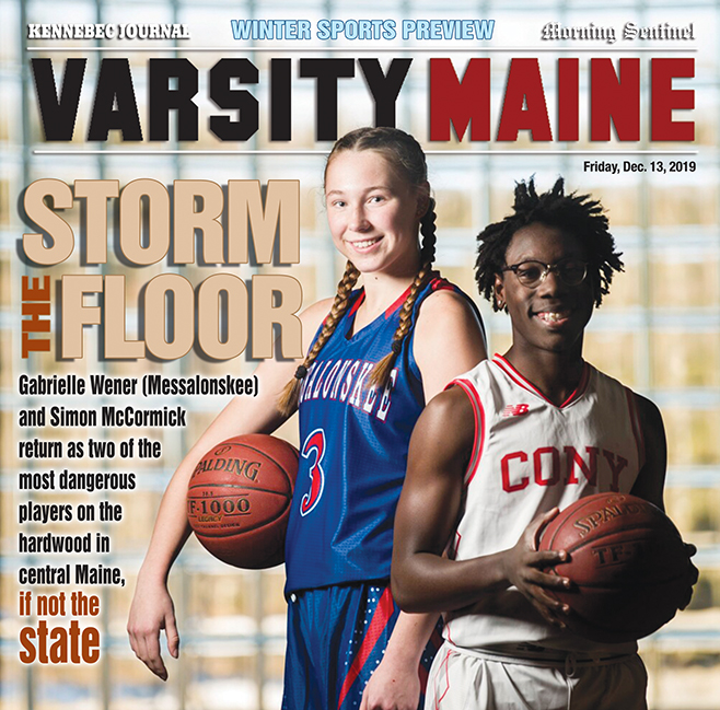 Gabrielle Wener of Messalonskee and Simon McCormick of Cony, stand for a portrait Nov. 29 at Messalonskee High School in Oakland.