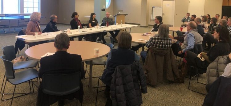 From left, moderator Carol Coultas; Marc Feldman, co-owner of Think Tank In Biddeford; Lisa Scali, marketing director for Oceans Balance; Kerry Hanney, owner Night Moves Bakery; and Doug Sanford, developer of the Biddeford mills, discuss the advantages and challenges of being a startup in the mill complex at a Jan. 16 business breakfast forum held at the Peoples Choice Credit Union. 
