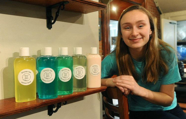 Skowhegan Area High School senior Lauren Enright, 18, developed her own line of bath soaps, shown here at The Bankery, where they are sold in downtown Skowhegan. Enright was influenced by teacher Darcy Fitzmaurice in her class "Start Your Own Business," taught by Fitzmaurice at the Skowhegan High.