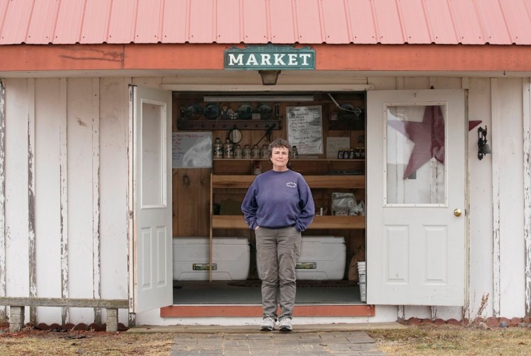 Jenn Grant poses for a photo at her store at Findview Farm in Gorham. Grant has seen an increase in sales at her farm store since the creation of an online spreadsheet that lists local farms and what they sell. The goal is to give people weary of empty grocery store shelves an alternative and to give farmers a new way to sell products to offset some of the challenges of the coronavirus.