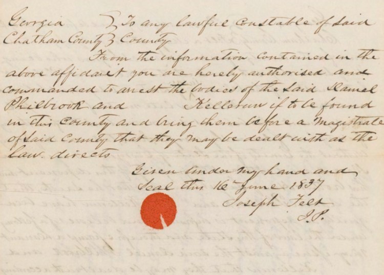 Extract of affadavit of James Sagurs, owner of Atticus, dated June 16, 1837 stating that Daniel Philbrook and his mate did 'feloniously invigle, steal, take, and carry away...a negro man slave named Atticus the property of this deponent and his brother Henry Sagurs.' 