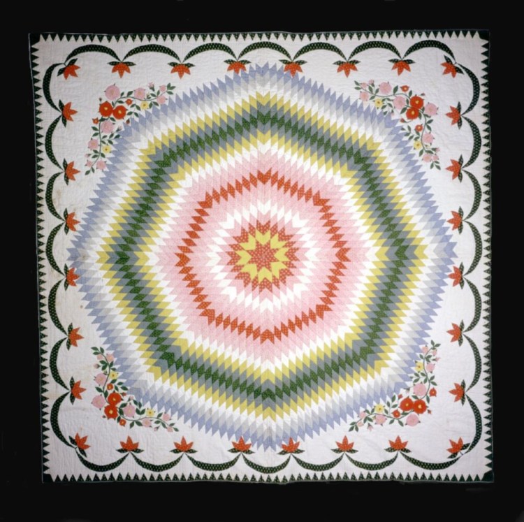 One of the quilts planned for the upcoming exhibition Maine Quilts: 250 Years of Comfort and Community is this pieced and appliqued quilt made circa 1872 by Eveline Greenwood Cushman of Lisbon, Maine. 