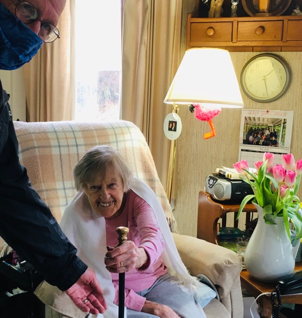 Grace Burleigh, 100,  was presented the Wayne Cane on May 1 by Select Board Chairman Don Welsh, left, and Town Manager Aaron Chrostowsky, not pictured.  