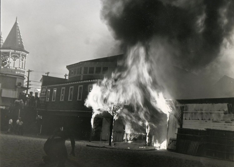 Only 15 minutes after the fire began flames flare up from the beach exit to the White Way of the Old Orchard Beach pier. The Merry-Go-Round was famous for its hand-carved horses which were crafted in England in the late 1800s and imported to this country. 