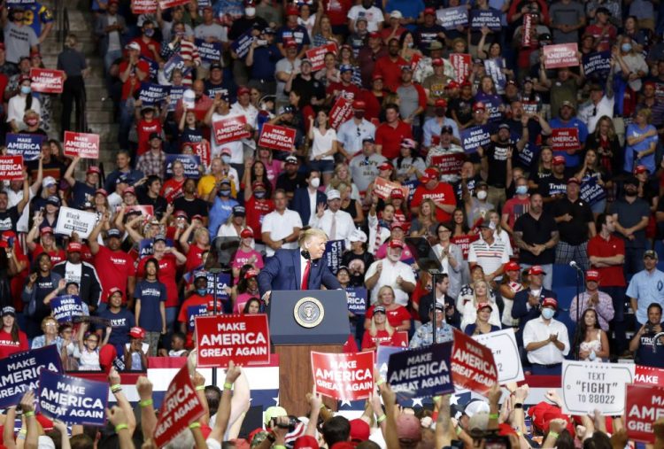 President Trump, front center, speaks at BOK Center during his rally June 20 in Tulsa, Okla.