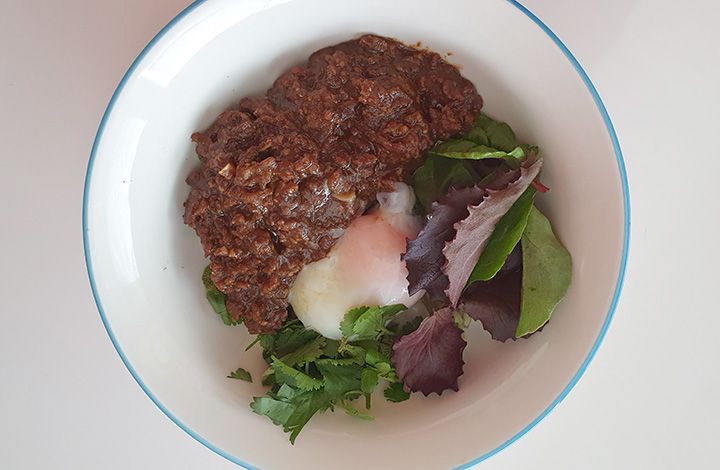 Lamb-Cumin-Miso Donburi with Onsen Tamago, a dish from London's Koya restaurant, which specializes in udon noodles.