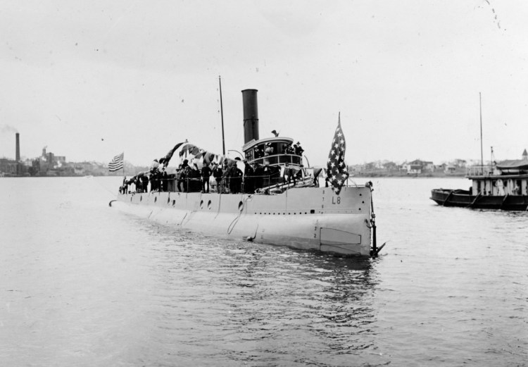 USS L-8 afloat immediately after launching, at the Portsmouth Navy Yard at Kittery 23 April 1917. U.S. Naval History and Heritage Command Photograph

MeBi