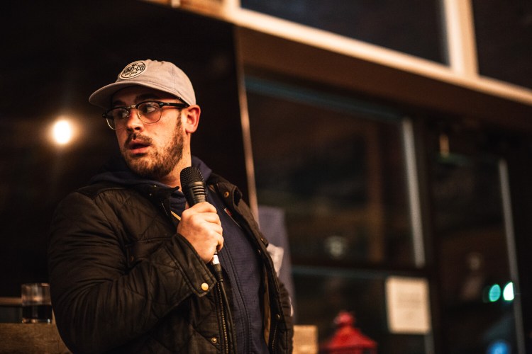 Comedian James Theberge hosts a weekly Thursday comedy show outside at Stroudwater Distillery on Thompson's Point in Portland. 