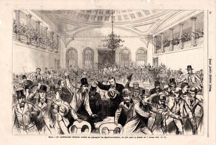 The caption, translated from German, reads " "The Republican members left the "meeting room" of the House of Representatives in the State House at Augusta on January 7, 1880." The illustration is from Frank Leslie's Illustrated Newspaper and it is showing the disarray in the state house on January 7, 1880.  