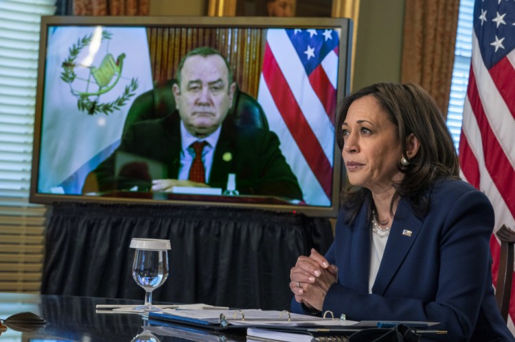 Vice President Kamala Harris meets virtually with Guatemala's President Alejandro Giammattei on Monday. She promised an increase in aid to countries in the region and efforts to better cooperate to “manage migration in an effective, secure and humane manner.” 