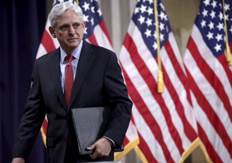 Attorney General Merrick Garland departs after speaking at the Justice Department in Washington on Tuesday.

