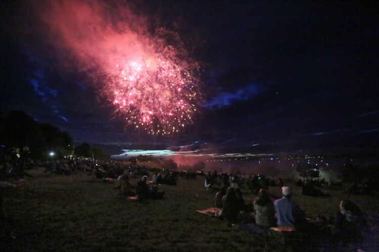 The Eastern Promenade lawn was more sparsely populated during the 2021 fireworks show than in past years. 