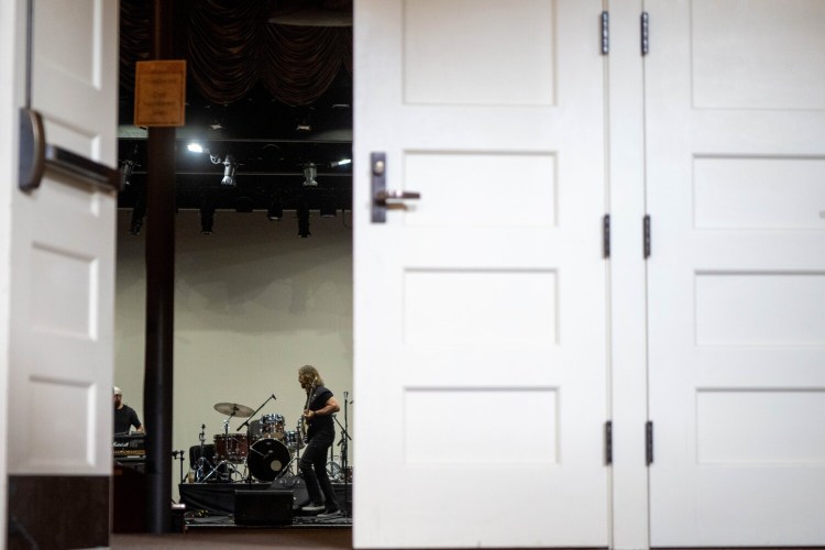 WATERVILLE, MAINE- AUGUST 27, 2021
Crews set up for the Femmes of Rock at the Waterville Opera House on Friday, August 27, 2021. The Femmes of Rock were the first show to cancel at the beginning of the pandemic in 2020.  (Staff Photo by Michael G. Seamans/Staff Photographer)