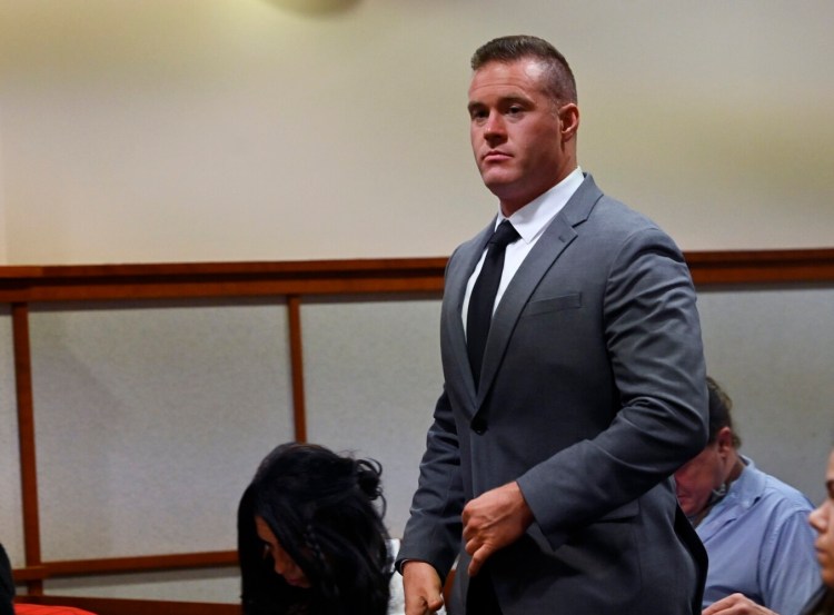 PORTLAND, ME - AUGUST 5: Vinal Thompson, a corrections officer at the Cumberland County Jail who is charged with assaulting an incarcerated man appears at his arraignment at the Cumberland County Superior court Thursday, August 5, 2021. (Staff Photo by Shawn Patrick Ouellette/Staff Photographer)