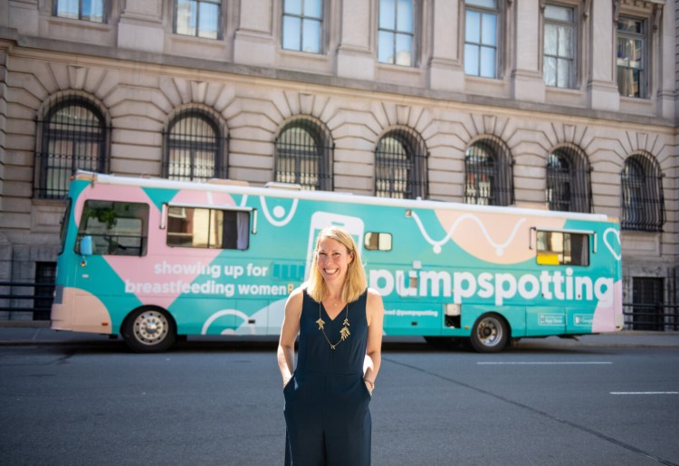 This 2017 image from Kittery-based Pumpspotting shows company founder and CEO Amy VanHaren visiting New York City in front of the company's "Breast Express," a 40-foot RV conversion that offers a mobile feeding and pumping spot for new parents. Pumpspotting recently secured both $1.5 million in seed funding and a partnership with the state of Maine.