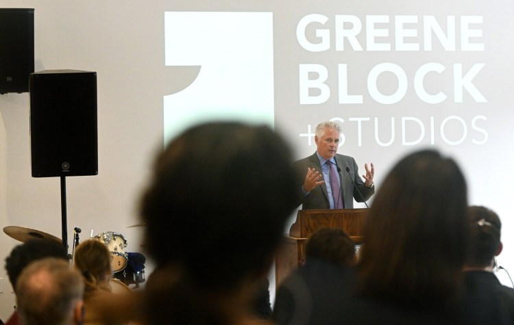 15591# 01art WATERVILLE, MAINE SEPTEMBER 21, 2021  Colby College President David Greene gives a speech during the Greene Block + Studios ribbon cutting and unveiling ceremony staged at the collegeÕs $6.7 million arts collaborative building in downtown  Waterville, Maine Tuesday September 21, 2021. (Rich Abrahamson/Morning Sentinel)