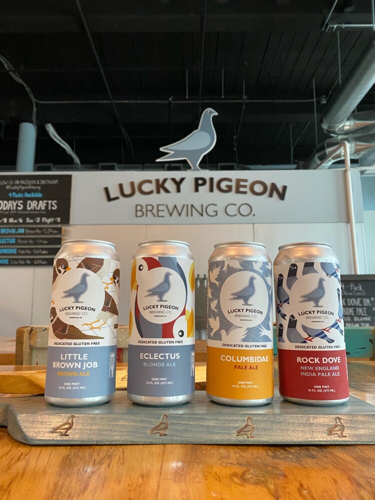 Lucky Pigeon makes gluten-free beer in a variety of styles, seen here in cans in the Biddeford tasting room.