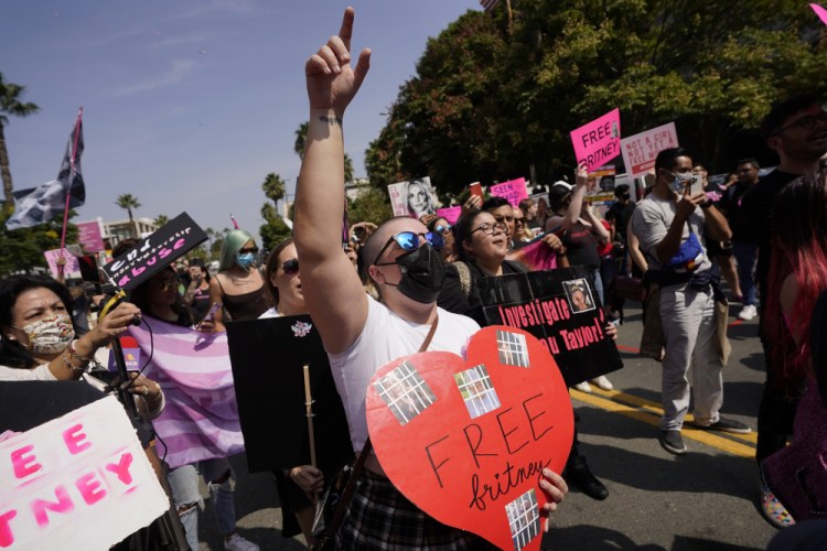 Britney Spears supporter Amy Wesselman of Long Beach, Calif., demonstrates outside the Stanley Mosk Courthouse in Los Angeles on Wednesday.