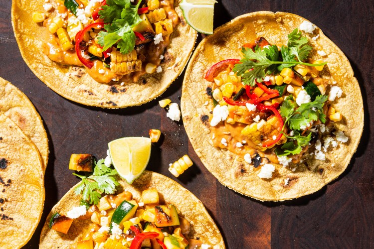 Grilled Zucchini and Corn Tacos With Quick-Pickled Chiles. MUST CREDIT: Photo by Rey Lopez for The Washington Post.