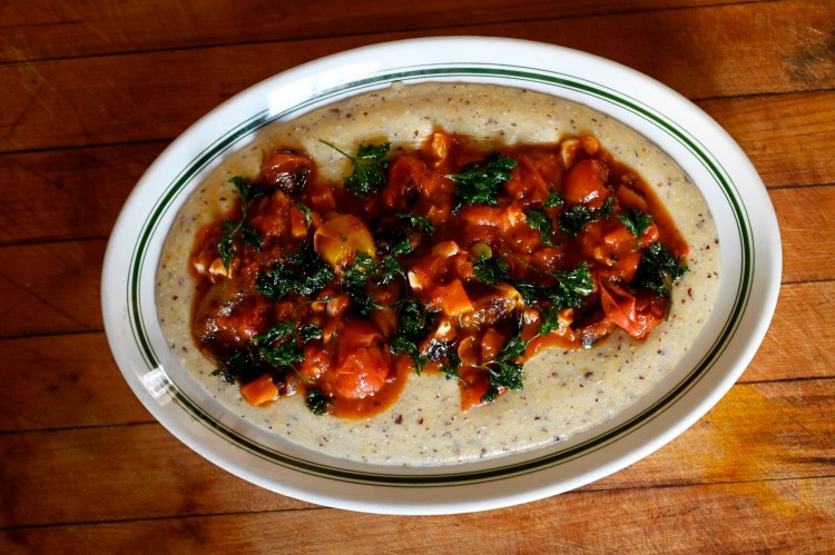 Polenta with Fall Roasted Cherry Tomato Sauce and Fried Curly Parsley