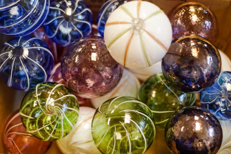 Blown glass orbs at Waterfall Arts.