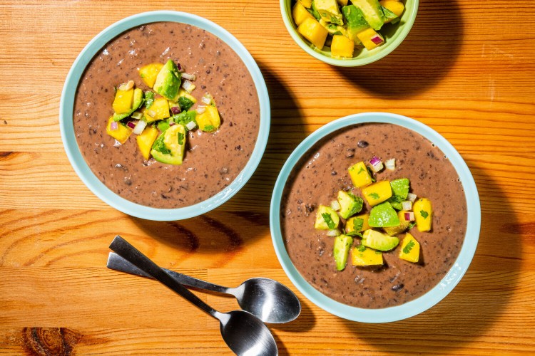 Coconut Black Bean Soup with Mango-Avocado Salsa