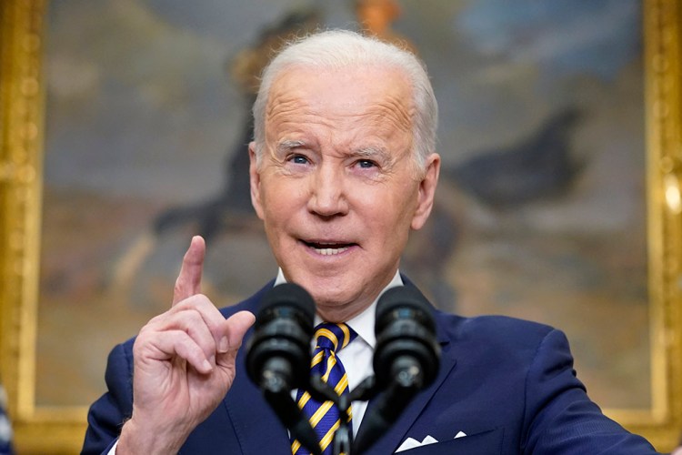 President Joe Biden announces a ban on Russian oil imports, toughening the toll on Russia's economy in retaliation for its invasion of Ukraine, Tuesday, March 8, 2022, in the Roosevelt Room at the White House in Washington. (AP Photo/Andrew Harnik)