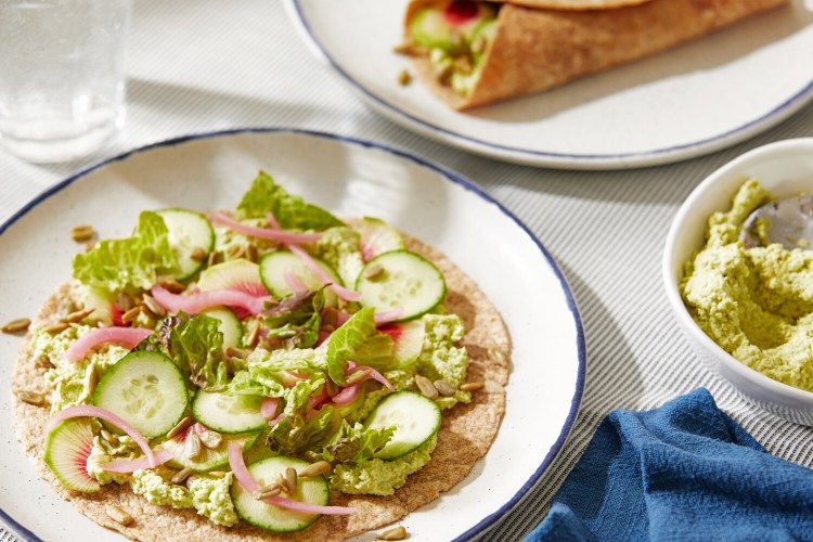 Lemony Edamame Spread and Vegetable Wraps. MUST CREDIT: Photo by Tom McCorkle for The Washington Post.