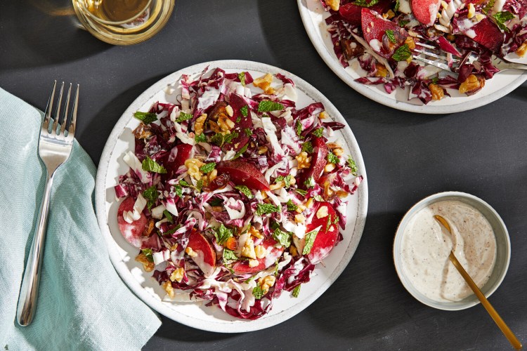 Plum and Radicchio Salad with Tahini Yogurt Dressing. MUST CREDIT: Photo for The Washington Post by Tom McCorkle.