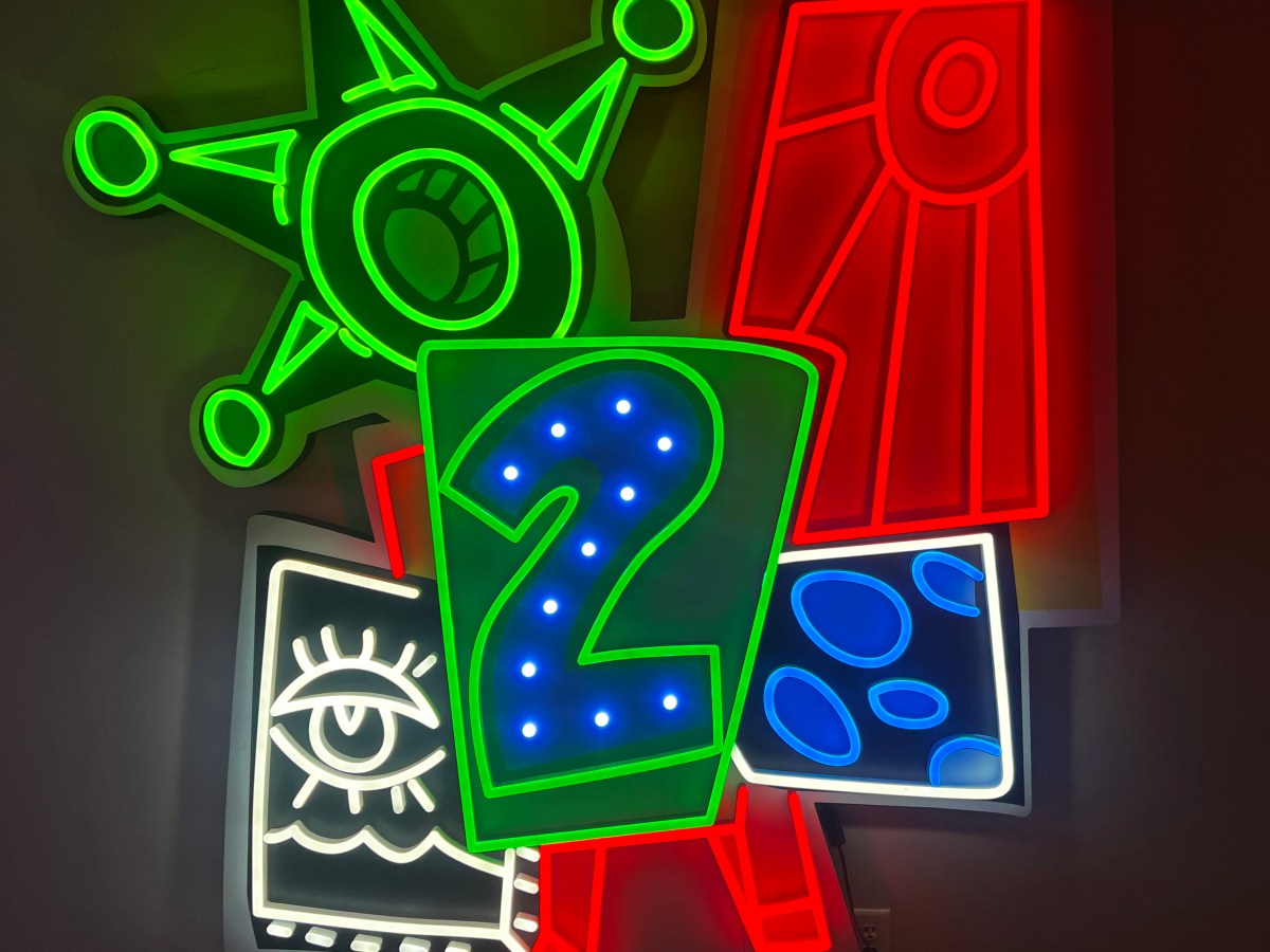Charlie Hewitt, Blue Deuce, paint and vinyl on stainless steel with acrylic LED and light bulbs, 80 x 70 x 2