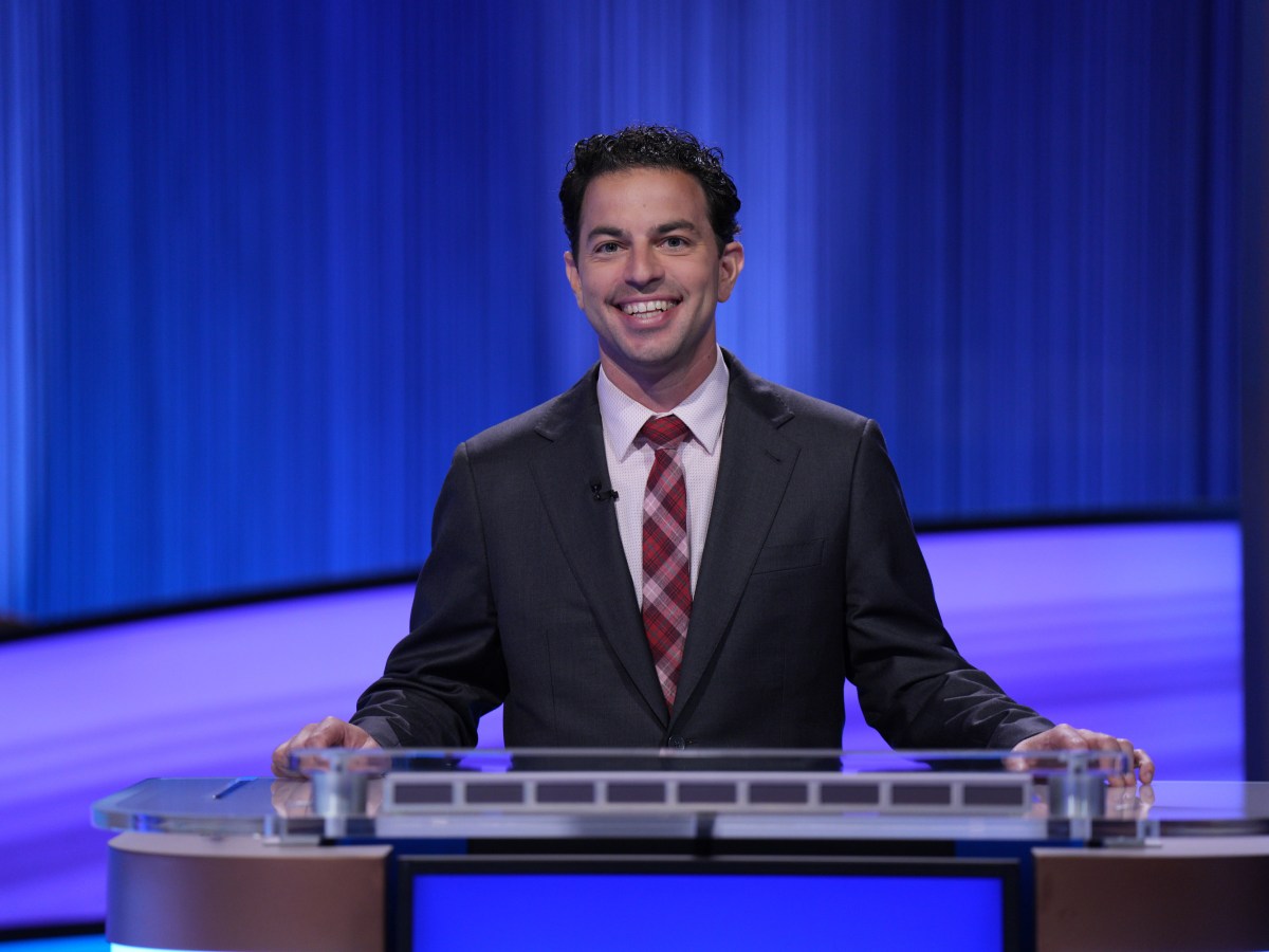 Portland resident Jason Singer stands at his podium during a taping of 'Jeopardy!' Singer, a former reporter and editor at the Portland Press Herald, will compete on an episode of the trivia show airing Tuesday at 7:30 p.m. (Photo courtesy of Tyler Golden/Sony Pictures Television)