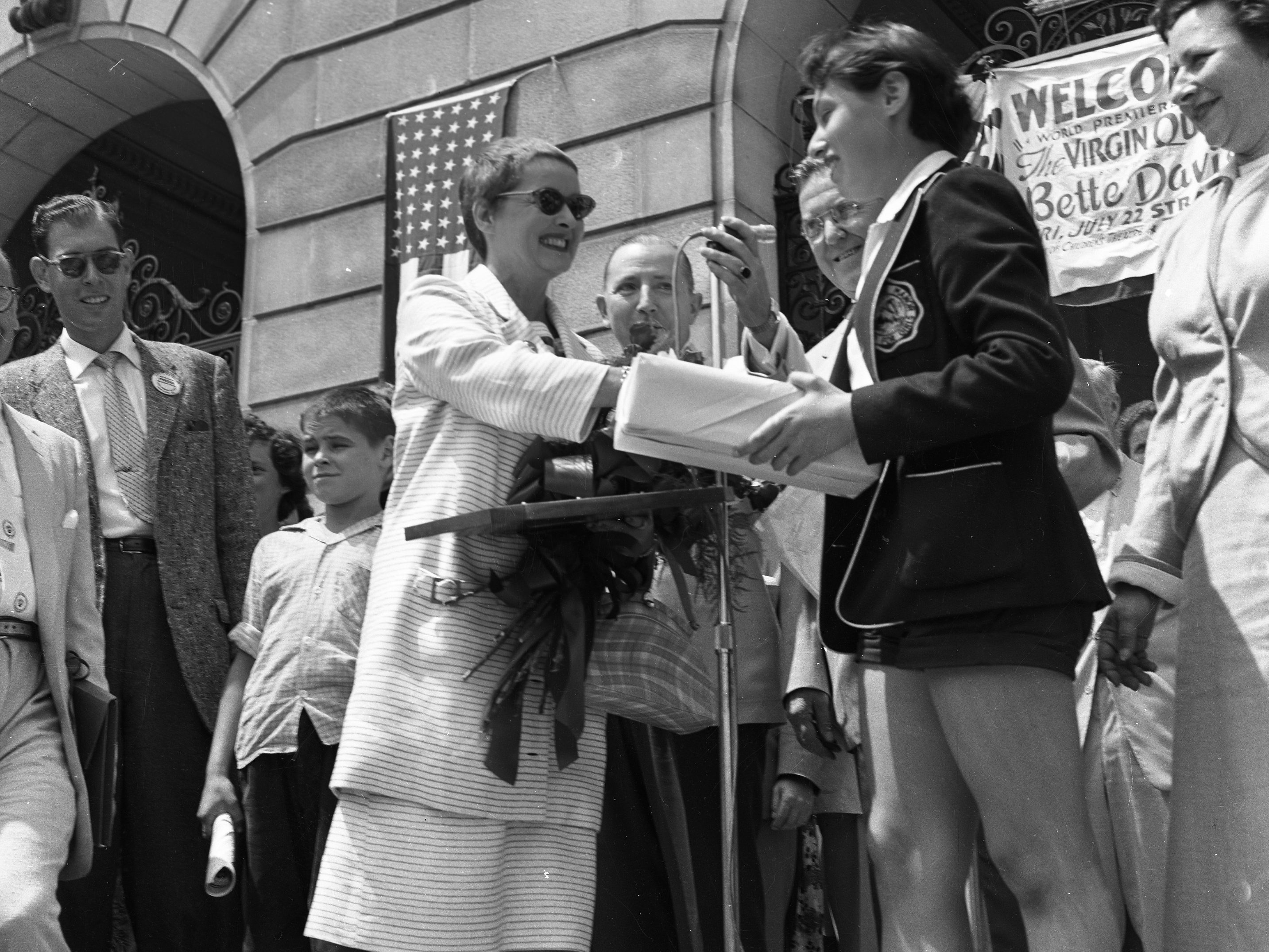 Film star Bette Davis is honored at Portland City Hall on July 23, 1955. Davis and her family lived in Cape Elizabeth during the 1950s. (Portland Press Herald file photo via Portland Public Library Special Collections and Archives)